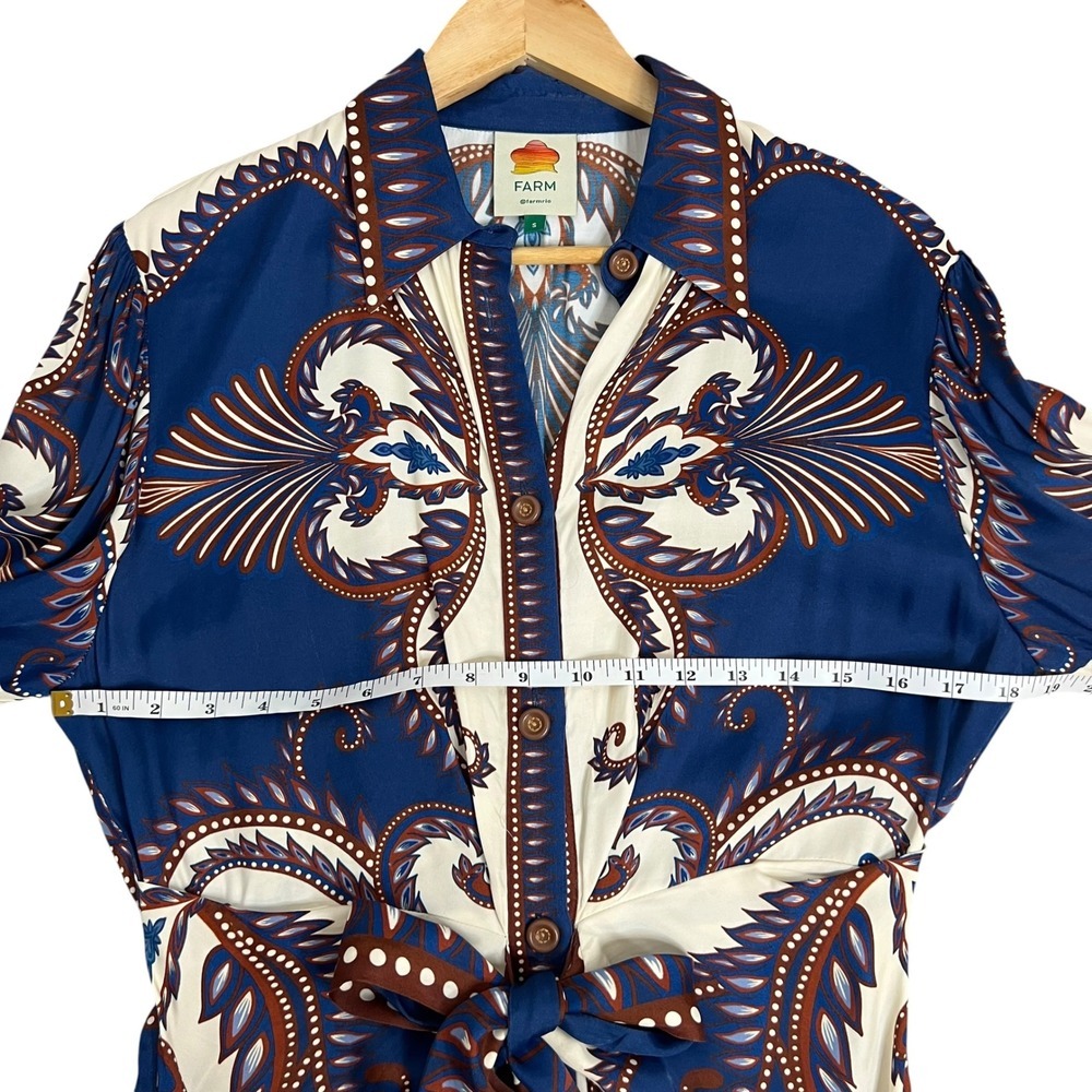 Farm Rio Blue Arabesque Scarf Long Sleeve Button Shirt Midi Dress SZ S - Picture 14 of 16